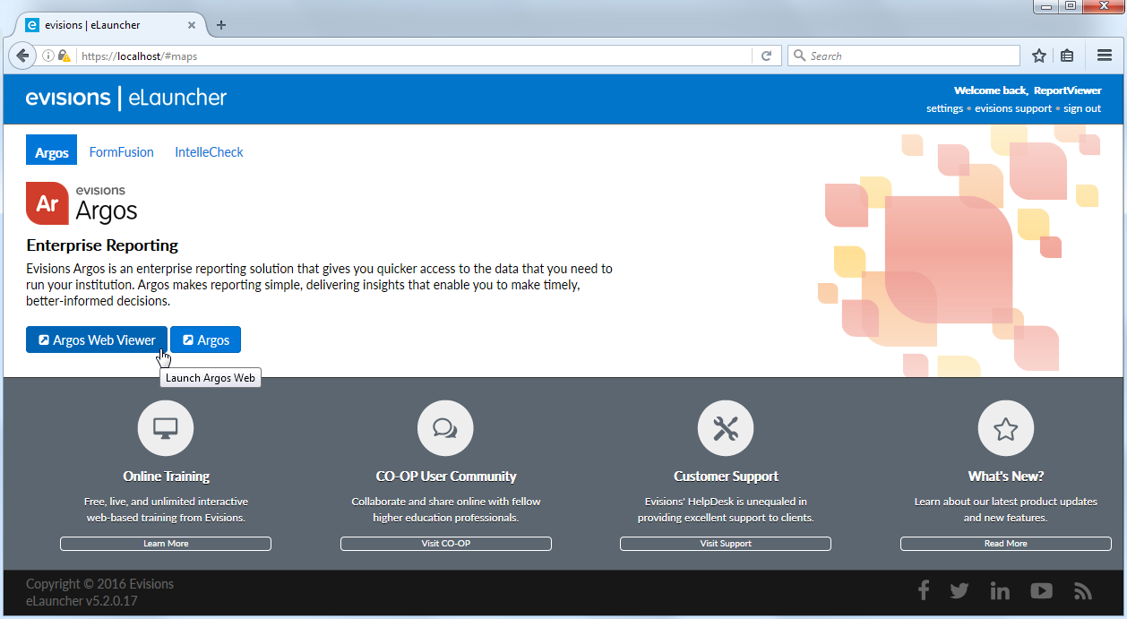 Web launch page for all Evisions products showing buttons to launch Argos or Argos Web Viewer
